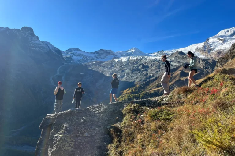Ski racing camp team on a hike above the Saas valley